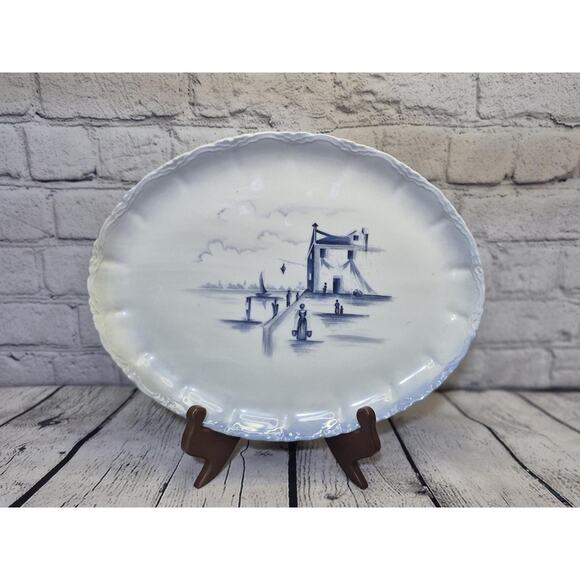 Vintage 1900's Blue and White Delft Style Hand Painted Platter Carlsbad - Picture 1 of 4